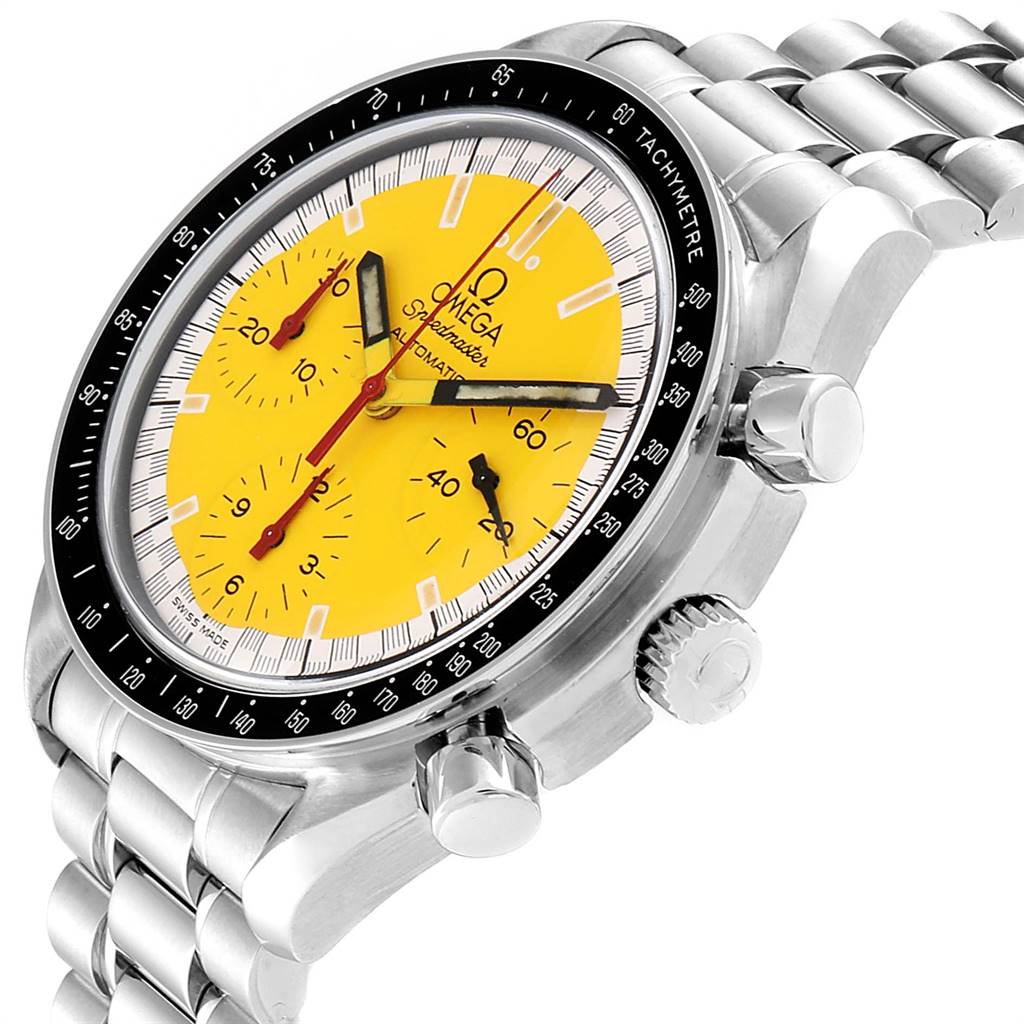 The Omega Speedmaster 3510.12.00 Men's Stainless Steel Yellow Dial 3510.12.00 Men's Stainless Steel Yellow Dial watch is shown at a slight angle, highlighting its yellow dial, chronograph buttons, and stainless steel bracelet.