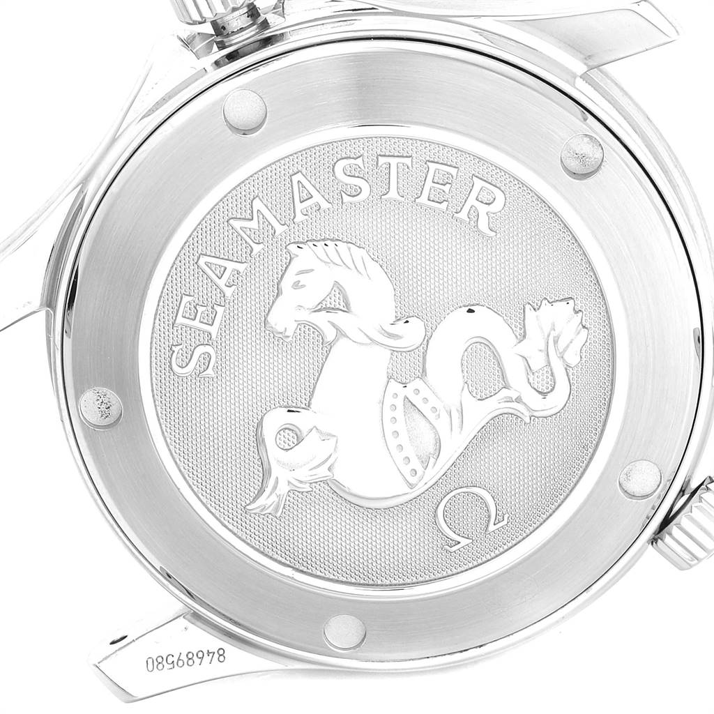 This image shows the back case of the Omega Seamaster 2221.80.00 Men
s Stainless Steel Blue Dial 2221.80.00 Men
s Stainless Steel Blue Dial watch, featuring the engraved logo.