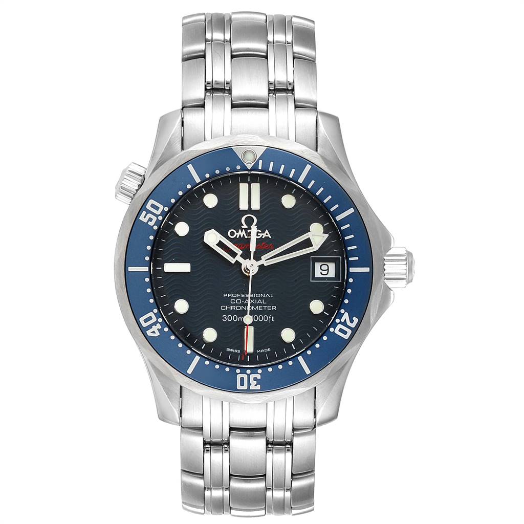 The image shows a front view of the Omega Seamaster 2221.80.00 Men
s Stainless Steel Blue Dial 2221.80.00 Men
s Stainless Steel Blue Dial watch, displaying its face, bezel, and stainless steel bracelet.