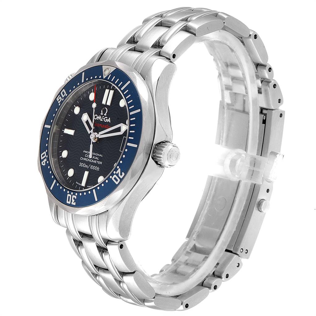 The image shows a side and angled view of an Omega Seamaster 2221.80.00 Men
s Stainless Steel Blue Dial 2221.80.00 Men
s Stainless Steel Blue Dial watch, highlighting the bezel, face, crown, and stainless steel bracelet.