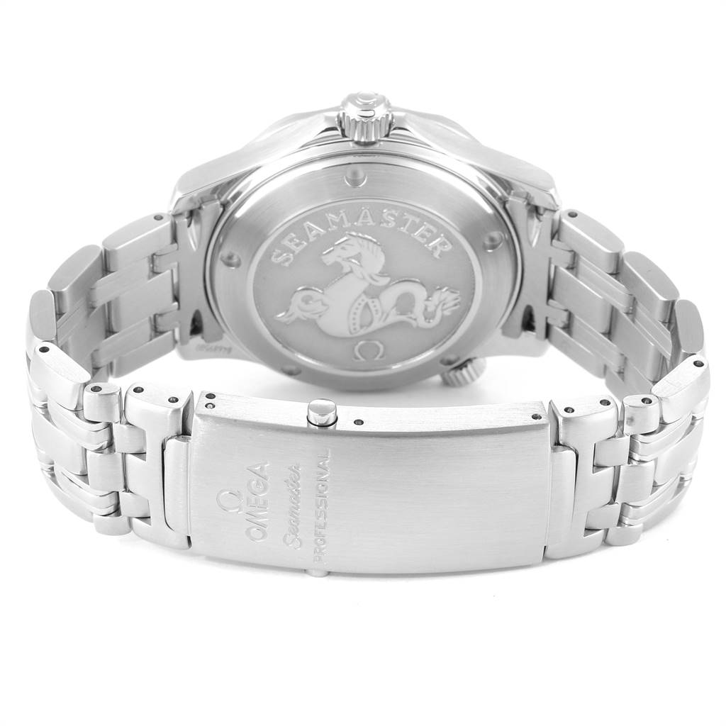 This image shows the back case and bracelet clasp of an Omega Seamaster 2221.80.00 Men
s Stainless Steel Blue Dial 2221.80.00 Men
s Stainless Steel Blue Dial watch from a rear angle.