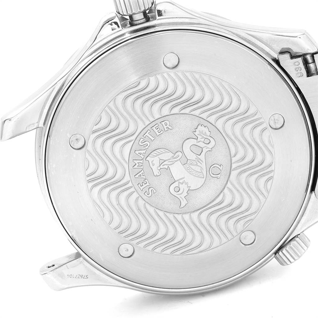 This image shows the back case of an Omega Seamaster 2264.50.00 Men
s Stainless Steel Black Dial 2264.50.00 Men
s Stainless Steel Black Dial watch, highlighting its intricate design and engraving.