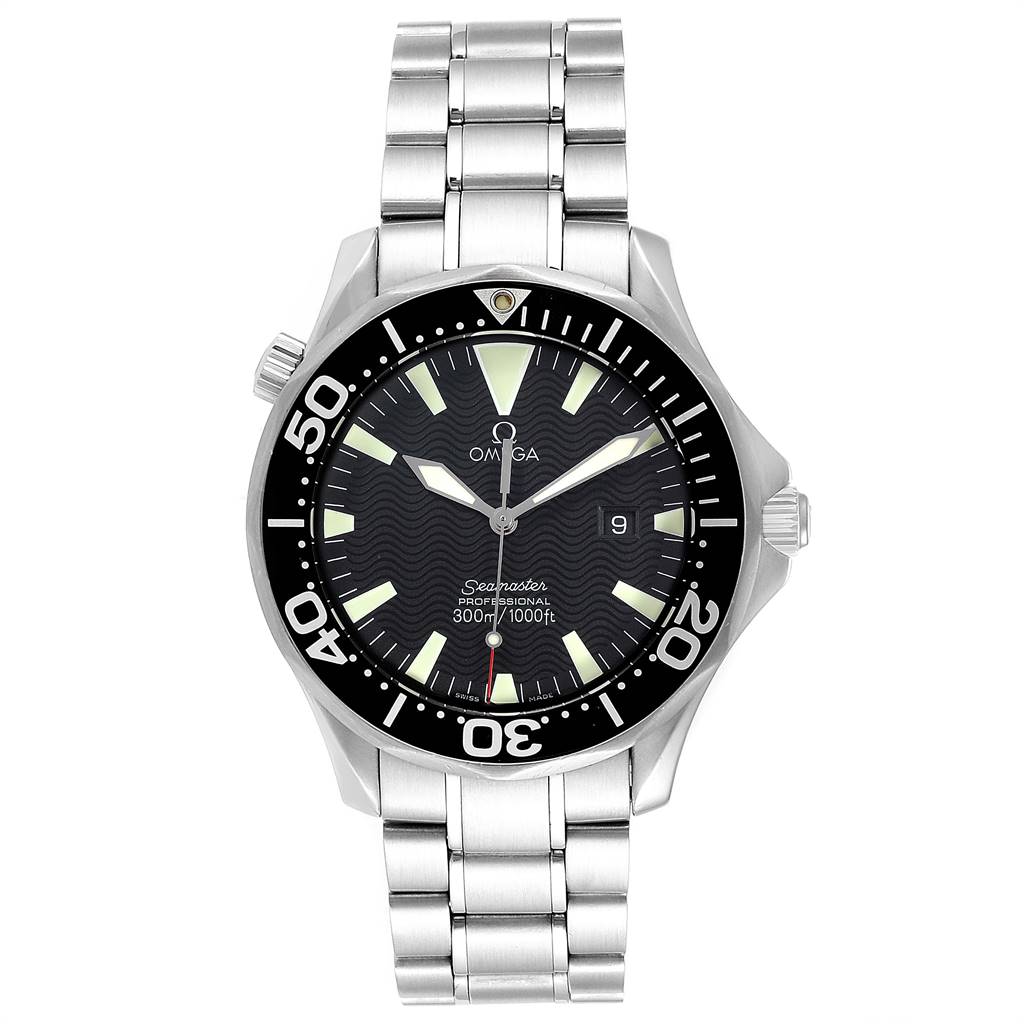The image shows a front view of the Omega Seamaster 2264.50.00 Men
s Stainless Steel Black Dial 2264.50.00 Men
s Stainless Steel Black Dial watch, highlighting its face, bezel, and stainless steel bracelet.