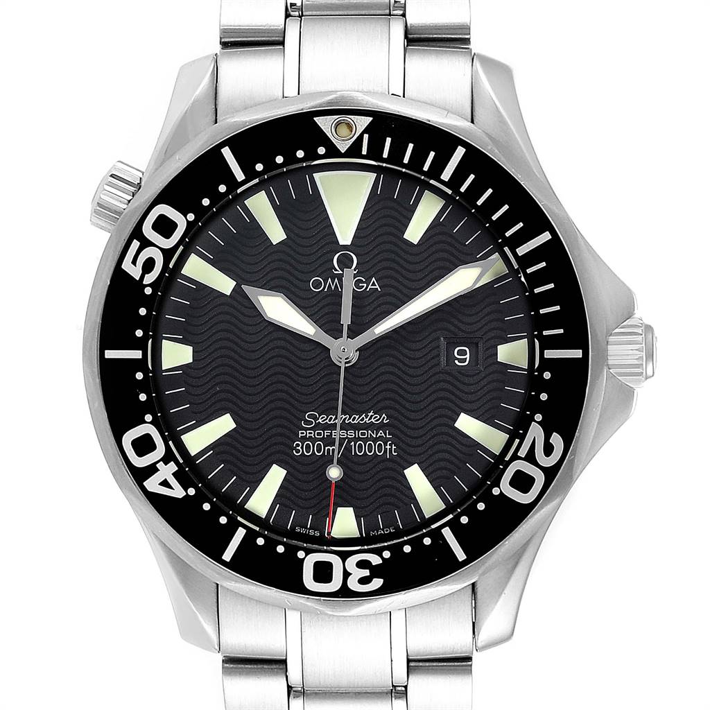 The Omega Seamaster 2264.50.00 Men
s Stainless Steel Black Dial 2264.50.00 Men
s Stainless Steel Black Dial watch is shown from a top-down angle, displaying the full face, bezel, and part of the bracelet.