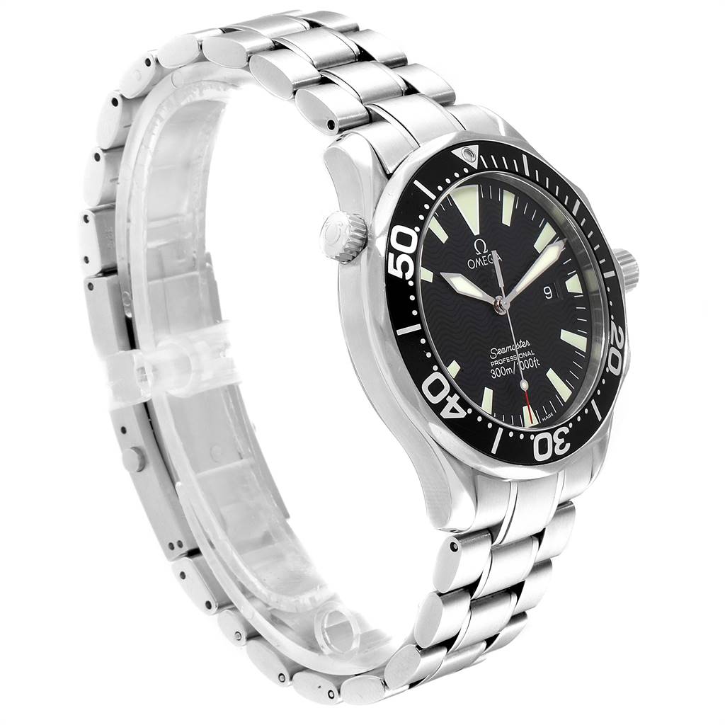 The image shows a side angle of the Omega Seamaster 2264.50.00 Men
s Stainless Steel Black Dial 2264.50.00 Men
s Stainless Steel Black Dial watch, highlighting its dial, bezel, crown, and bracelet.