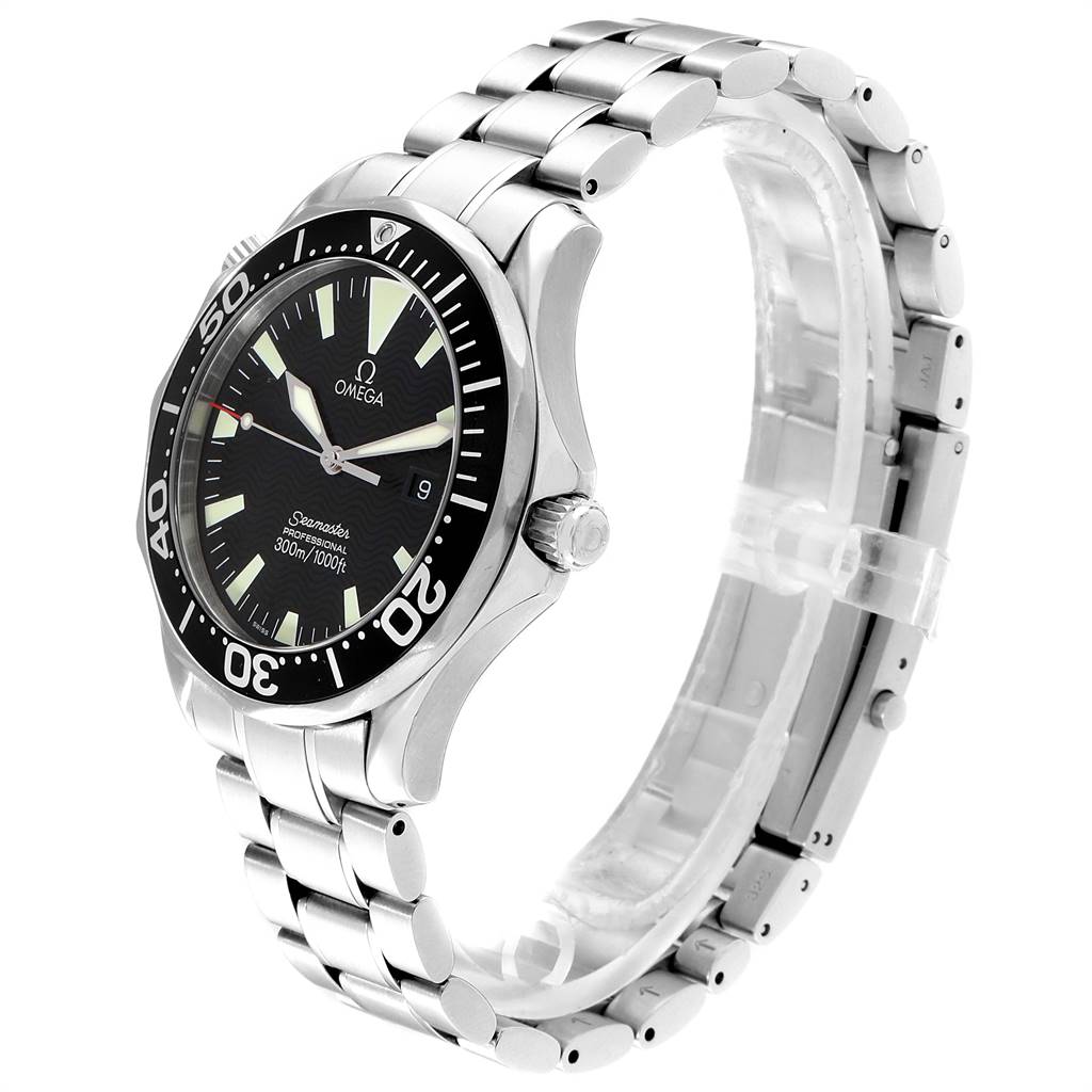 The Omega Seamaster 2264.50.00 Men
s Stainless Steel Black Dial 2264.50.00 Men
s Stainless Steel Black Dial watch is shown from a side angle with its face, bezel, crown, and metal bracelet visible.