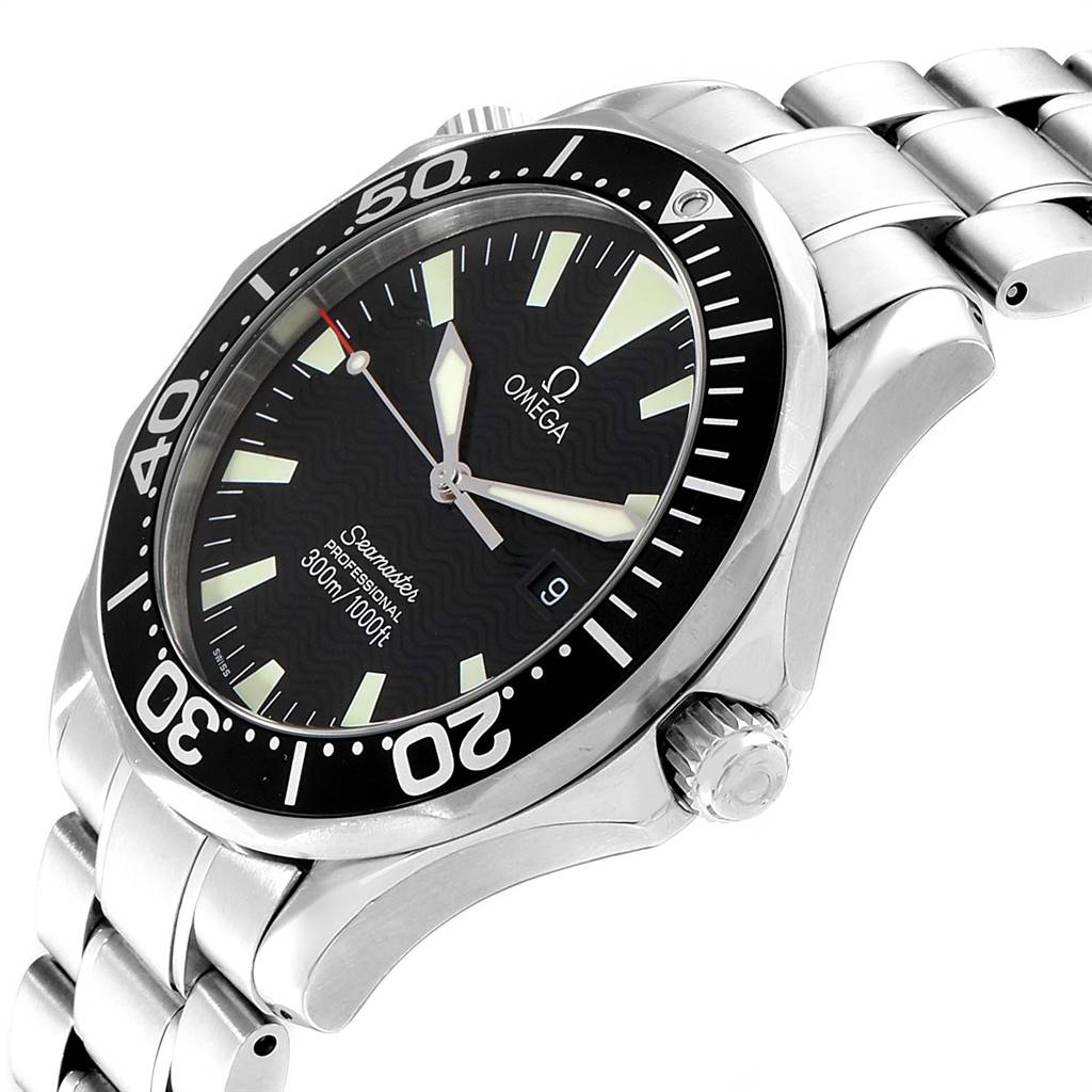 The image shows an Omega Seamaster 2264.50.00 Men
s Stainless Steel Black Dial 2264.50.00 Men
s Stainless Steel Black Dial watch at a slight angle, highlighting the bezel, dial, crown, and part of the bracelet.