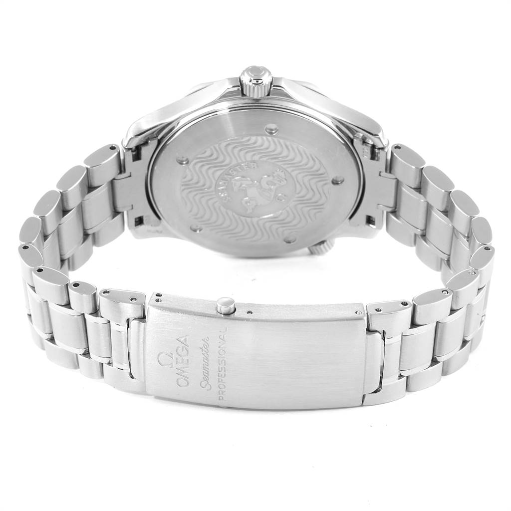 The image shows the back view and bracelet clasp of an Omega Seamaster 2264.50.00 Men
s Stainless Steel Black Dial 2264.50.00 Men
s Stainless Steel Black Dial watch.