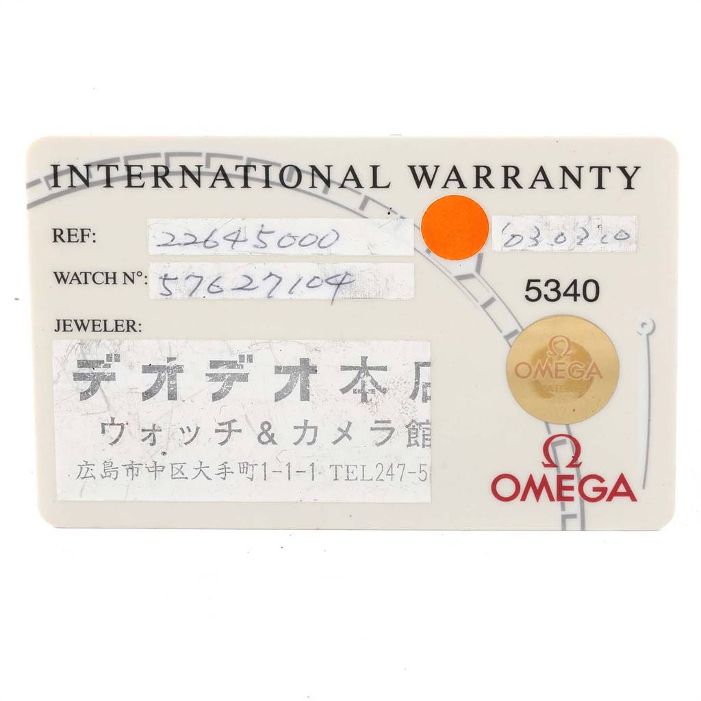 This image shows an Omega Seamaster 2264.50.00 Men
s Stainless Steel Black Dial 2264.50.00 Men
s Stainless Steel Black Dial International Warranty card with reference and watch numbers along with jeweler details.