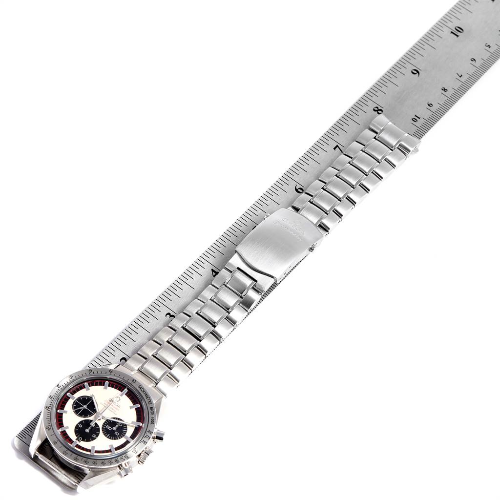 The image shows the Omega Seamaster 3559.32.00 Men's Stainless Steel Silver Dial 3559.32.00 Men's Stainless Steel Silver Dial watch from a top-down angle, displaying the face, stainless steel bracelet, and clasp next to a ruler.