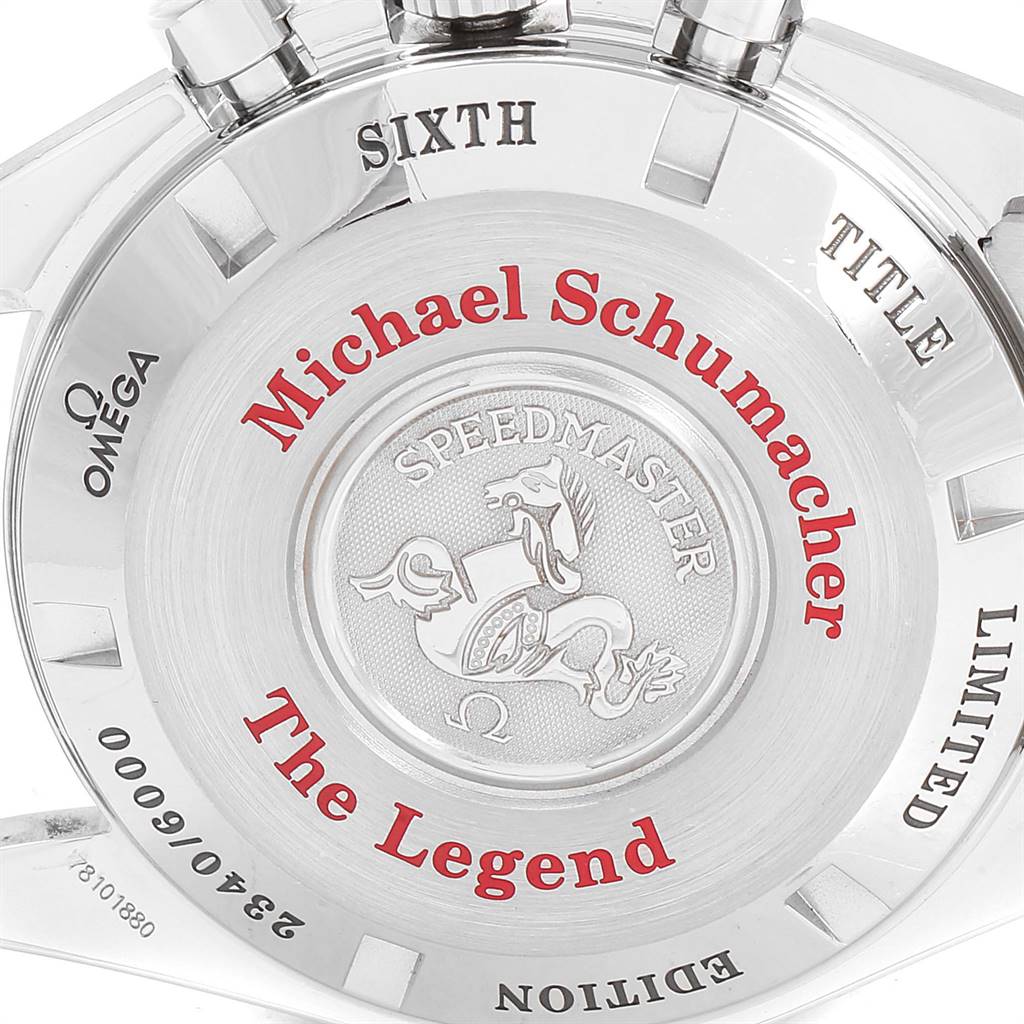 The image shows the case back of an Omega Speedmaster Michael Schumacher "The Legend" Limited Edition watch.