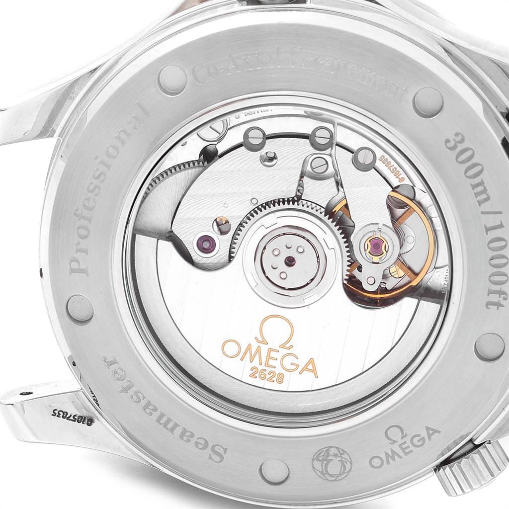 This image shows the back of the Omega Seamaster 2535.80.00 Men
s Stainless Steel Blue Dial 2535.80.00 Men
s Stainless Steel Blue Dial watch, revealing its exposed movement, engravings, and internal mechanism.