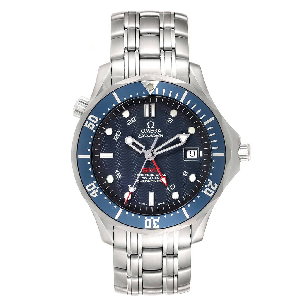 The image shows a front view of an Omega Seamaster 2535.80.00 Men
s Stainless Steel Blue Dial 2535.80.00 Men
s Stainless Steel Blue Dial watch, displaying the face, bezel, and stainless steel bracelet.