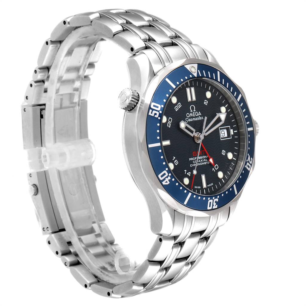 The Omega Seamaster 2535.80.00 Men
s Stainless Steel Blue Dial 2535.80.00 Men
s Stainless Steel Blue Dial watch is shown from a three-quarter side angle, highlighting the dial, bezel, and stainless steel bracelet.