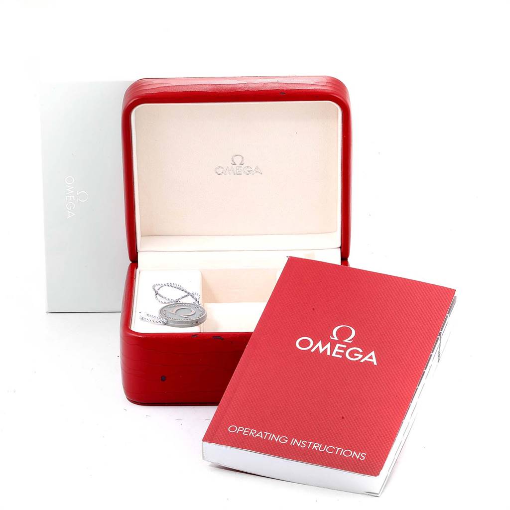 The image shows the packaging and accessories for an Omega Seamaster 2535.80.00 Men
s Stainless Steel Blue Dial 2535.80.00 Men
s Stainless Steel Blue Dial watch, including the box, operating instructions, and tags.