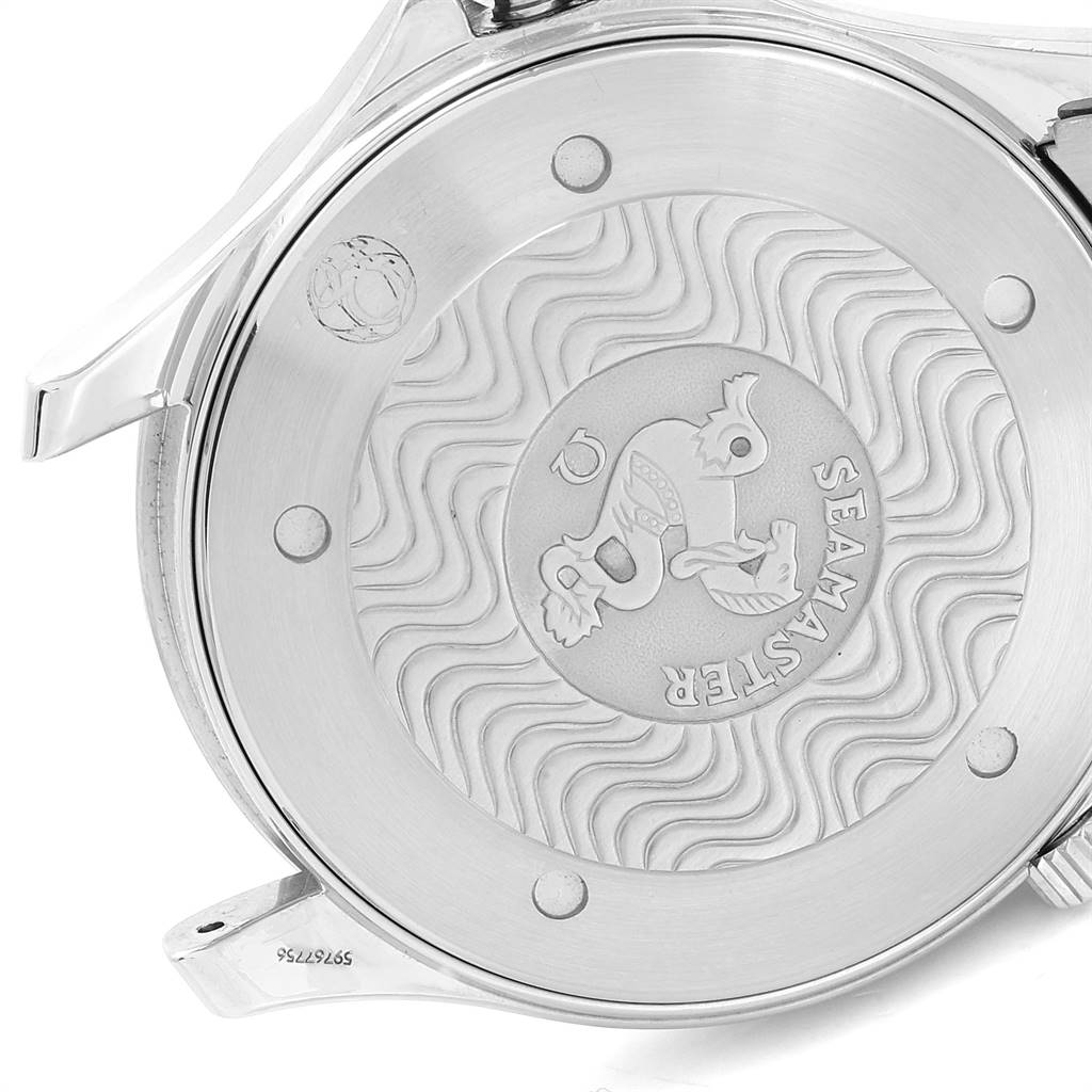 The image shows the back case of an Omega Seamaster 2541.80.00 Men
s Stainless Steel Blue Dial 2541.80.00 Men
s Stainless Steel Blue Dial watch, featuring its emblem and wave pattern.