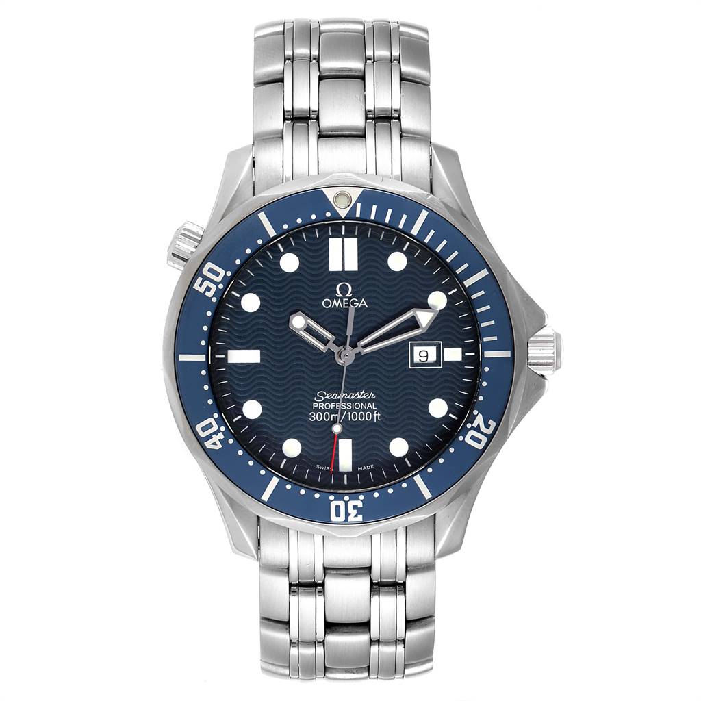 The image shows a frontal view of the Omega Seamaster 2541.80.00 Men
s Stainless Steel Blue Dial 2541.80.00 Men
s Stainless Steel Blue Dial watch, highlighting its blue dial, bezel, and metal bracelet.