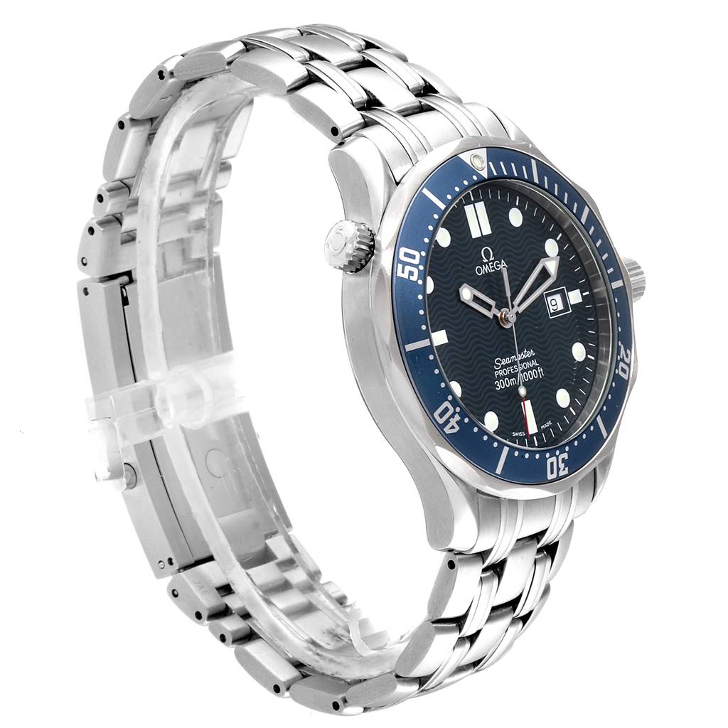 The Omega Seamaster 2541.80.00 Men
s Stainless Steel Blue Dial 2541.80.00 Men
s Stainless Steel Blue Dial watch is shown at a slight angle showcasing its face, bezel, crown, and band.