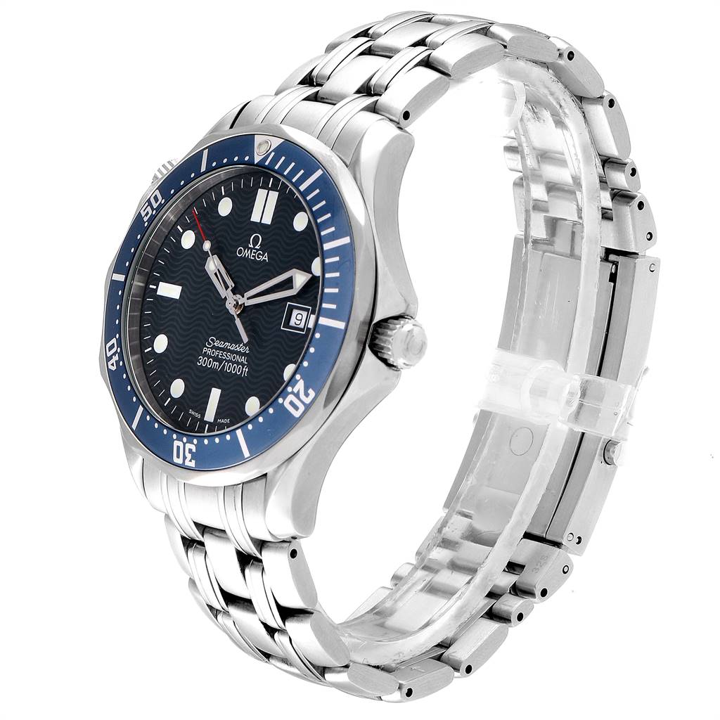 The Omega Seamaster 2541.80.00 Men
s Stainless Steel Blue Dial 2541.80.00 Men
s Stainless Steel Blue Dial watch is shown at a side angle, highlighting its face, bezel, crown, and metal bracelet.