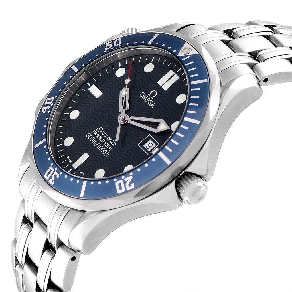 The Omega Seamaster 2541.80.00 Men
s Stainless Steel Blue Dial 2541.80.00 Men
s Stainless Steel Blue Dial watch is shown at an angled view, highlighting its dial, bracelet, bezel, and crown.
