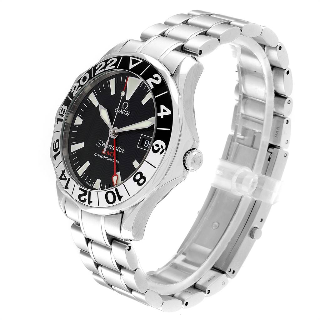 The Omega Seamaster 2536.50.00 Men
s Stainless Steel Black Dial 2536.50.00 Men
s Stainless Steel Black Dial watch is shown at a three-quarter angle, highlighting its bezel, dial, and metal bracelet.