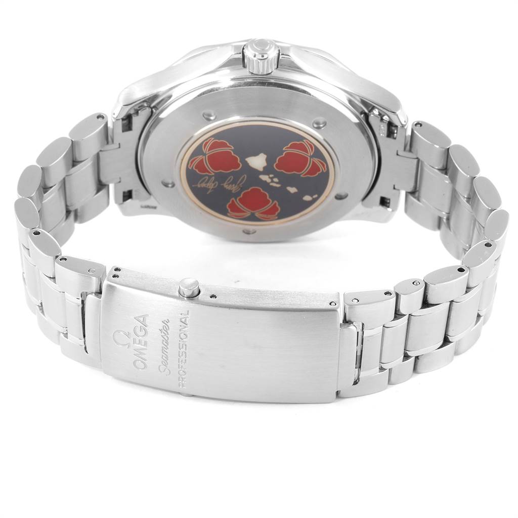 This image displays the back side of the Omega Seamaster 2536.50.00 Men
s Stainless Steel Black Dial 2536.50.00 Men
s Stainless Steel Black Dial watch, showing the case back and the bracelet with the clasp.