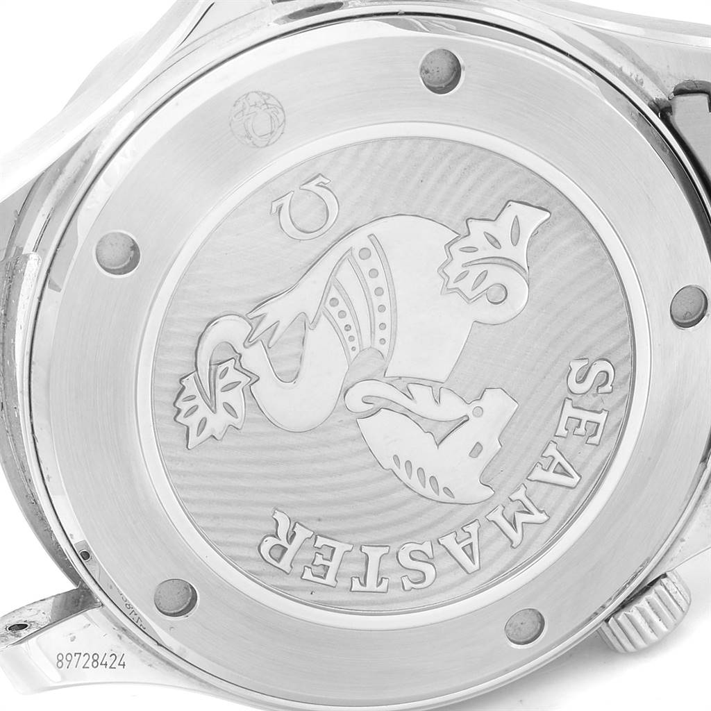 This image shows the back case of an Omega Seamaster 212.30.41.20.03.001 Men
s Stainless Steel Blue Dial 212.30.41.20.03.001 Men
s Stainless Steel Blue Dial watch with its engraved design and brand name.