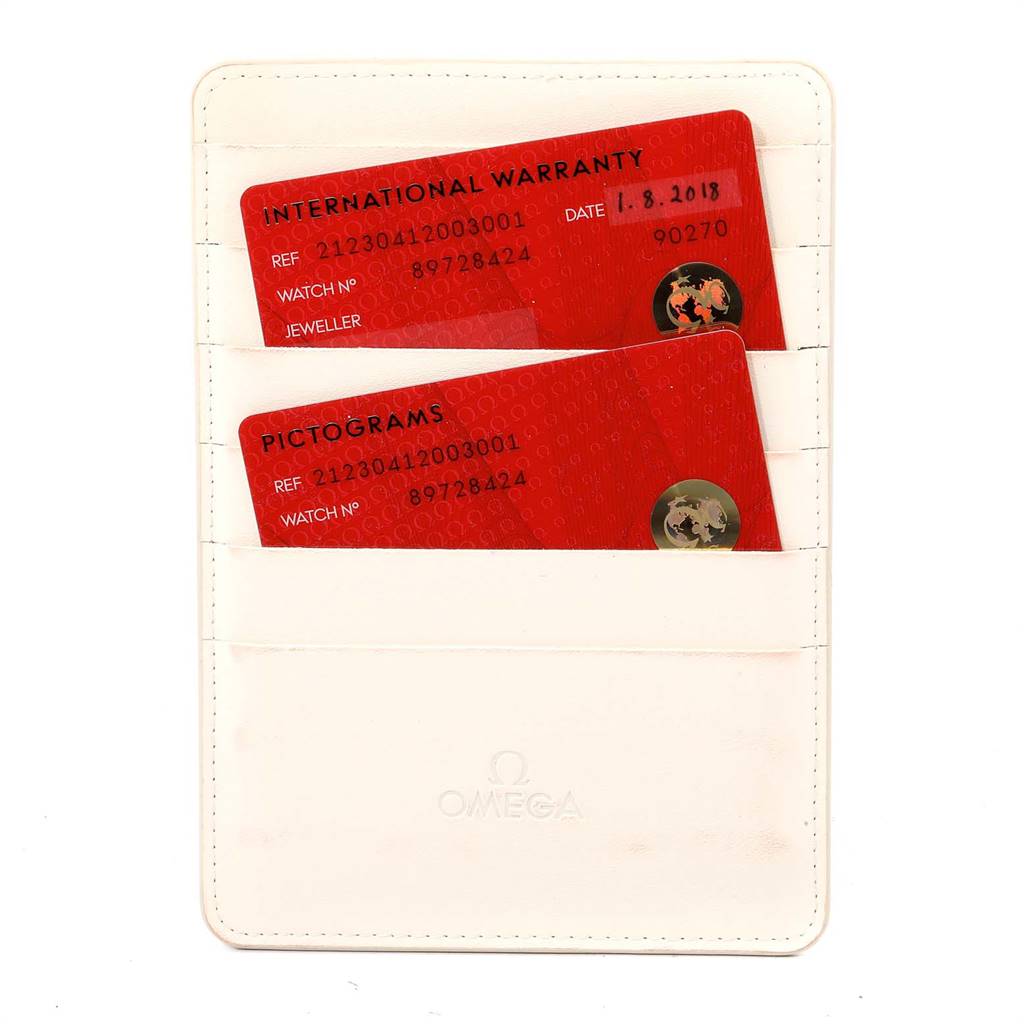 This image shows two red cards, an International Warranty and a Pictograms card, for the Omega Seamaster 212.30.41.20.03.001 Men
s Stainless Steel Blue Dial 212.30.41.20.03.001 Men
s Stainless Steel Blue Dial watch, placed in a white cardholder.