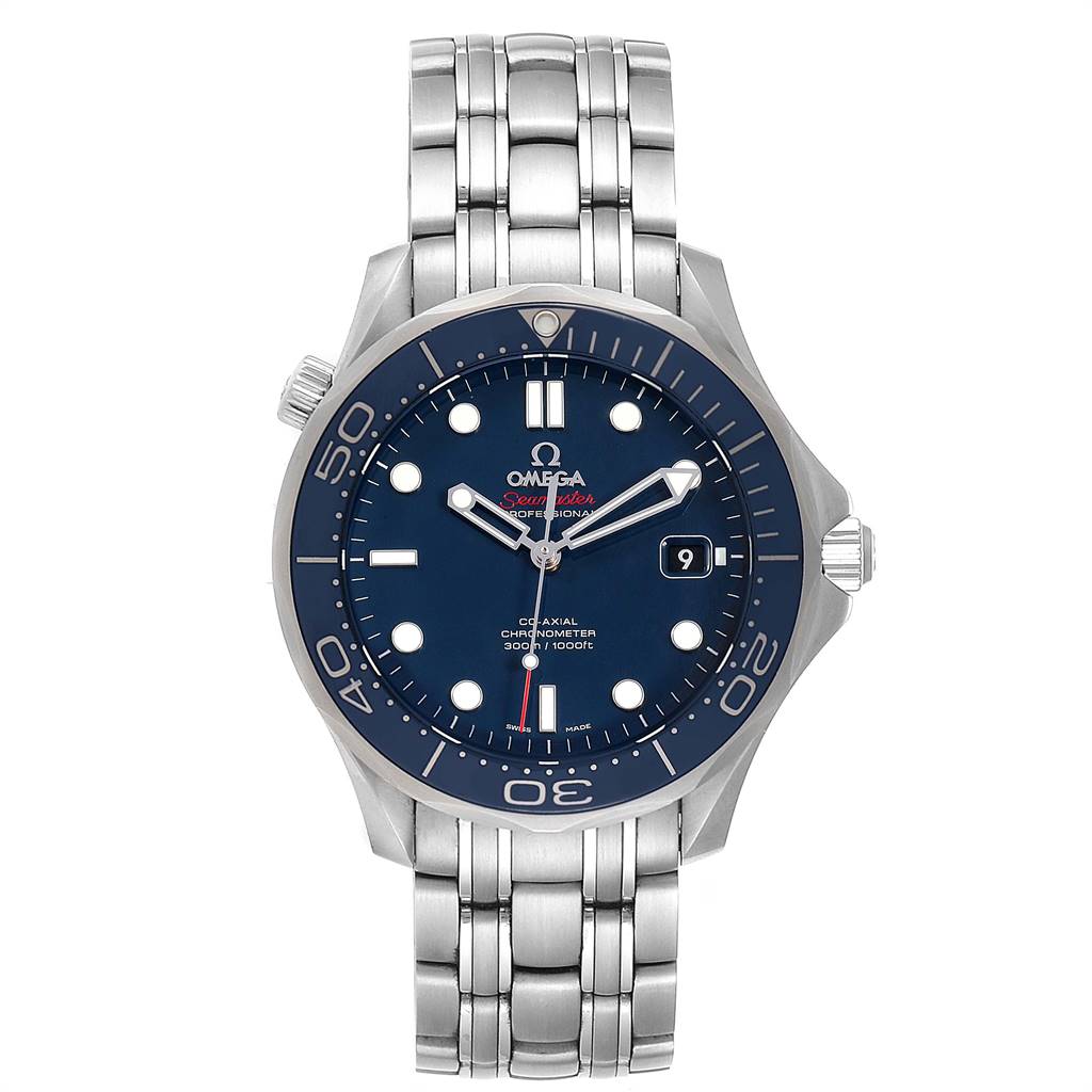 The image shows a frontal view of an Omega Seamaster 212.30.41.20.03.001 Men
s Stainless Steel Blue Dial 212.30.41.20.03.001 Men
s Stainless Steel Blue Dial watch, displaying its face, bezel, crown, and metal bracelet.