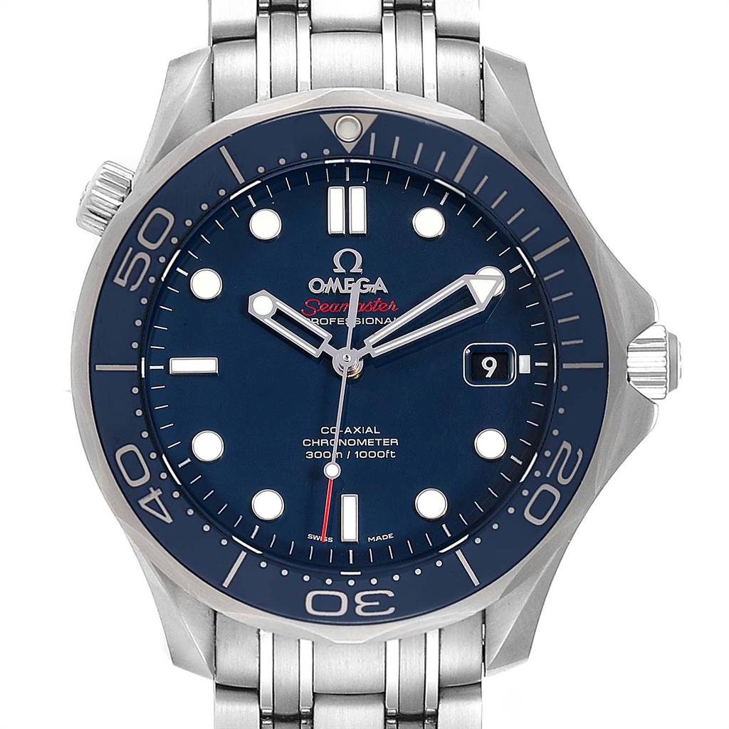 The image shows a front view of the Omega Seamaster 212.30.41.20.03.001 Men
s Stainless Steel Blue Dial 212.30.41.20.03.001 Men
s Stainless Steel Blue Dial watch, detailing its blue dial, bezel, and metal bracelet.
