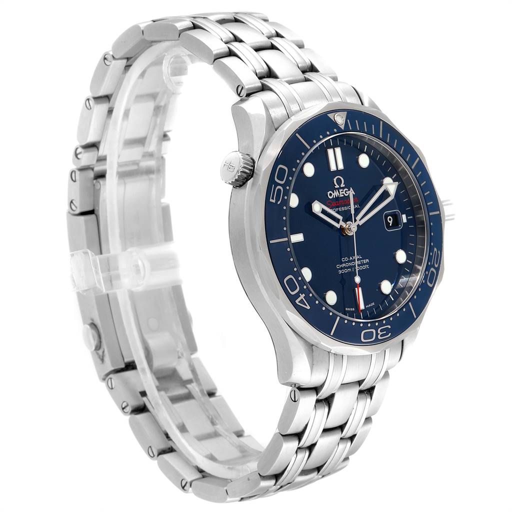 The image shows a side angle of the Omega Seamaster 212.30.41.20.03.001 Men
s Stainless Steel Blue Dial 212.30.41.20.03.001 Men
s Stainless Steel Blue Dial watch, highlighting its face, bezel, crown, and metal bracelet.