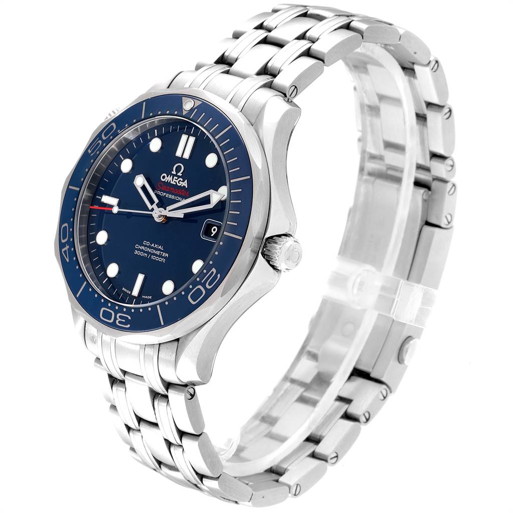 The image shows a side and slightly top/front view of the Omega Seamaster 212.30.41.20.03.001 Men
s Stainless Steel Blue Dial 212.30.41.20.03.001 Men
s Stainless Steel Blue Dial watch, highlighting its bezel, dial, crown, and bracelet.