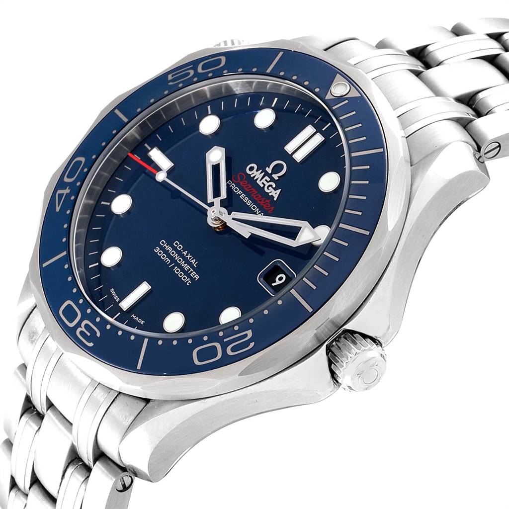 This image shows a side view of the Omega Seamaster 212.30.41.20.03.001 Men
s Stainless Steel Blue Dial 212.30.41.20.03.001 Men
s Stainless Steel Blue Dial watch, highlighting the bezel, dial, crown, and metal bracelet.