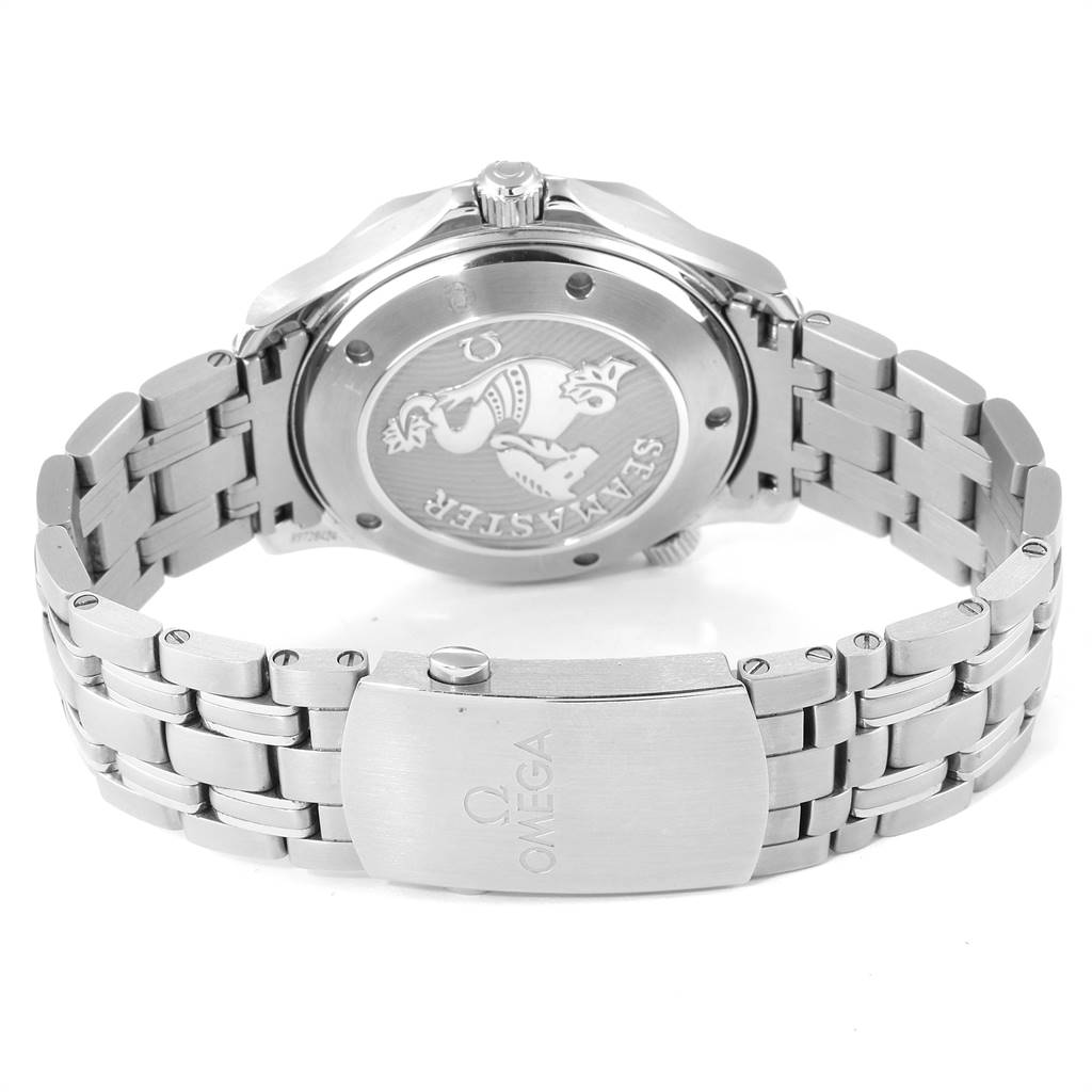 The image shows the backside and bracelet clasp of an Omega Seamaster 212.30.41.20.03.001 Men
s Stainless Steel Blue Dial 212.30.41.20.03.001 Men
s Stainless Steel Blue Dial watch, featuring its engraved case back and logo on the clasp.