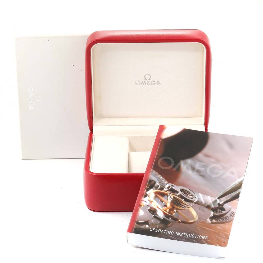 The image shows an Omega Seamaster 2535.80.00 Men
s Stainless Steel Blue Dial 2535.80.00 Men
s Stainless Steel Blue Dial watch box and operating instructions manual from a slightly angled front view.