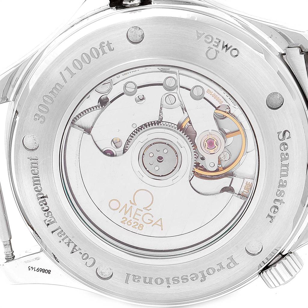 The image shows the back of an Omega Seamaster 2535.80.00 Men
s Stainless Steel Blue Dial 2535.80.00 Men
s Stainless Steel Blue Dial watch, revealing its internal mechanical components.