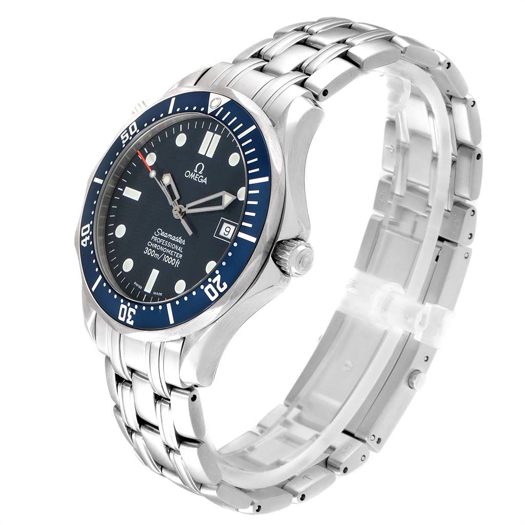The Omega Seamaster 2531.80.00 Men
s Stainless Steel Blue Dial 2531.80.00 Men
s Stainless Steel Blue Dial watch is shown from a front-side angle, highlighting the dial, bezel, crown, and metal bracelet.