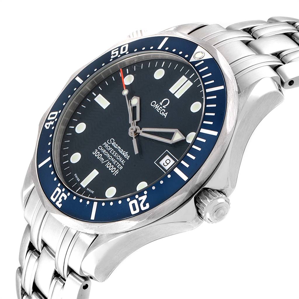 The Omega Seamaster 2531.80.00 Men
s Stainless Steel Blue Dial 2531.80.00 Men
s Stainless Steel Blue Dial watch is shown at a slight angle, clearly displaying the dial, bezel, crown, and metal bracelet.