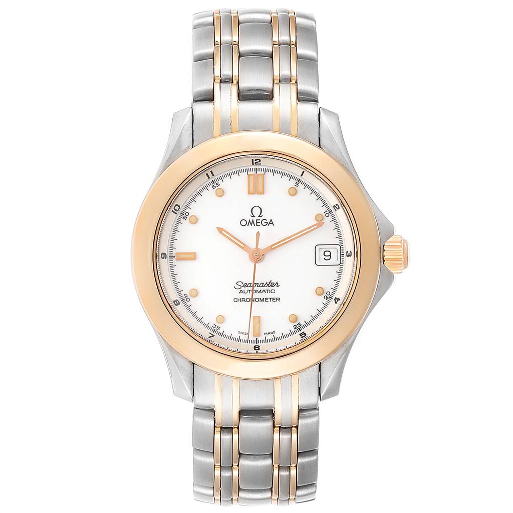 This image shows a front view of an Omega Seamaster 168.1501 Men's Steel and Gold (two tone) White Dial 168.1501 Men's Steel and Gold (two tone) White Dial watch displaying the dial, bezel, crown, and metal bracelet.