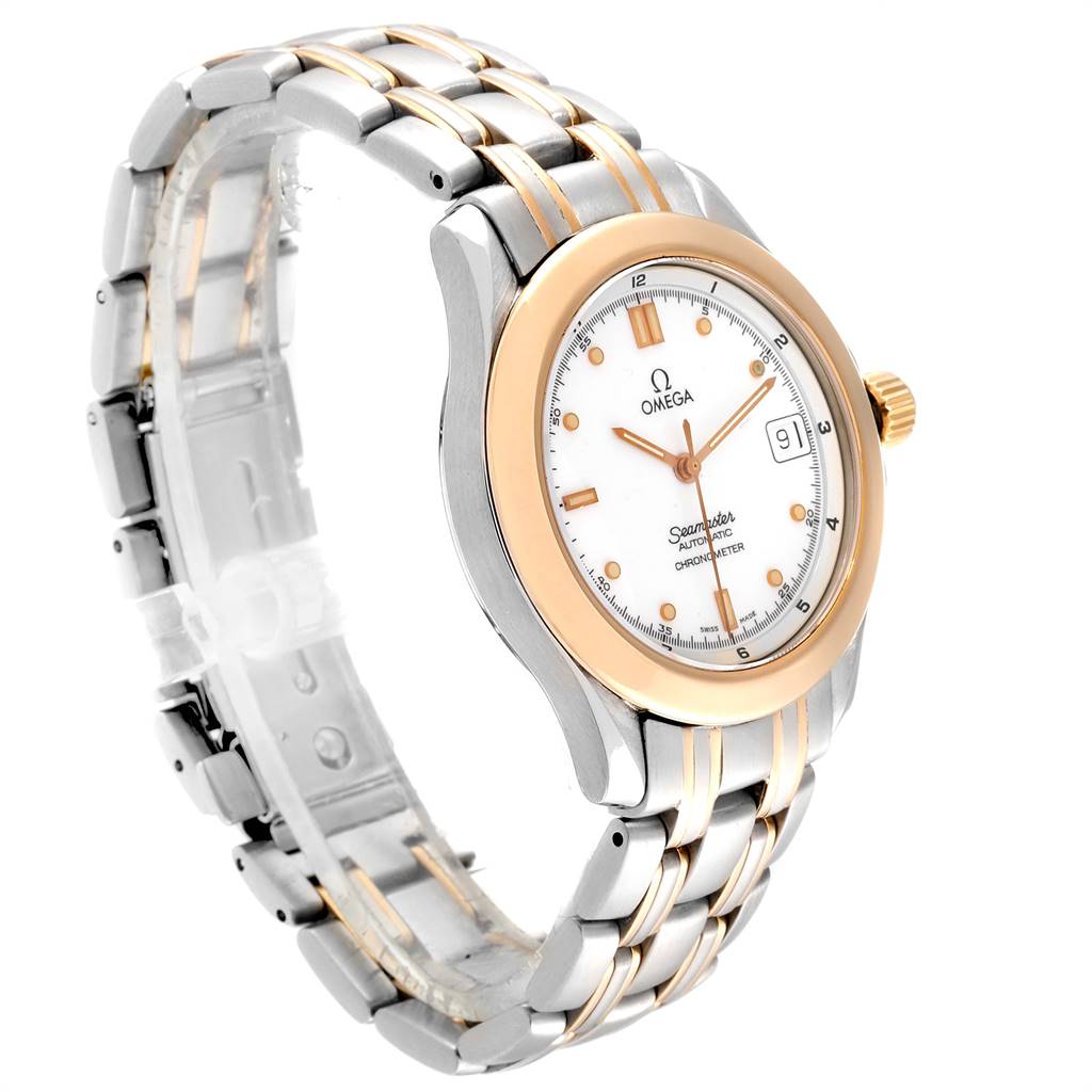 The Omega Seamaster 168.1501 Men's Steel and Gold (two tone) White Dial 168.1501 Men's Steel and Gold (two tone) White Dial watch is shown at a three-quarter angle displaying its white dial, gold bezel, and two-tone bracelet.