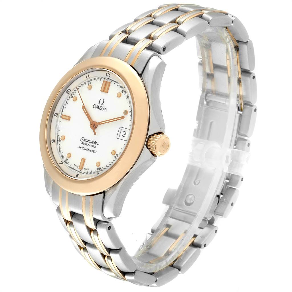 The image shows a side view of an Omega Seamaster 168.1501 Men's Steel and Gold (two tone) White Dial 168.1501 Men's Steel and Gold (two tone) White Dial watch, featuring its face, crown, and metal bracelet.