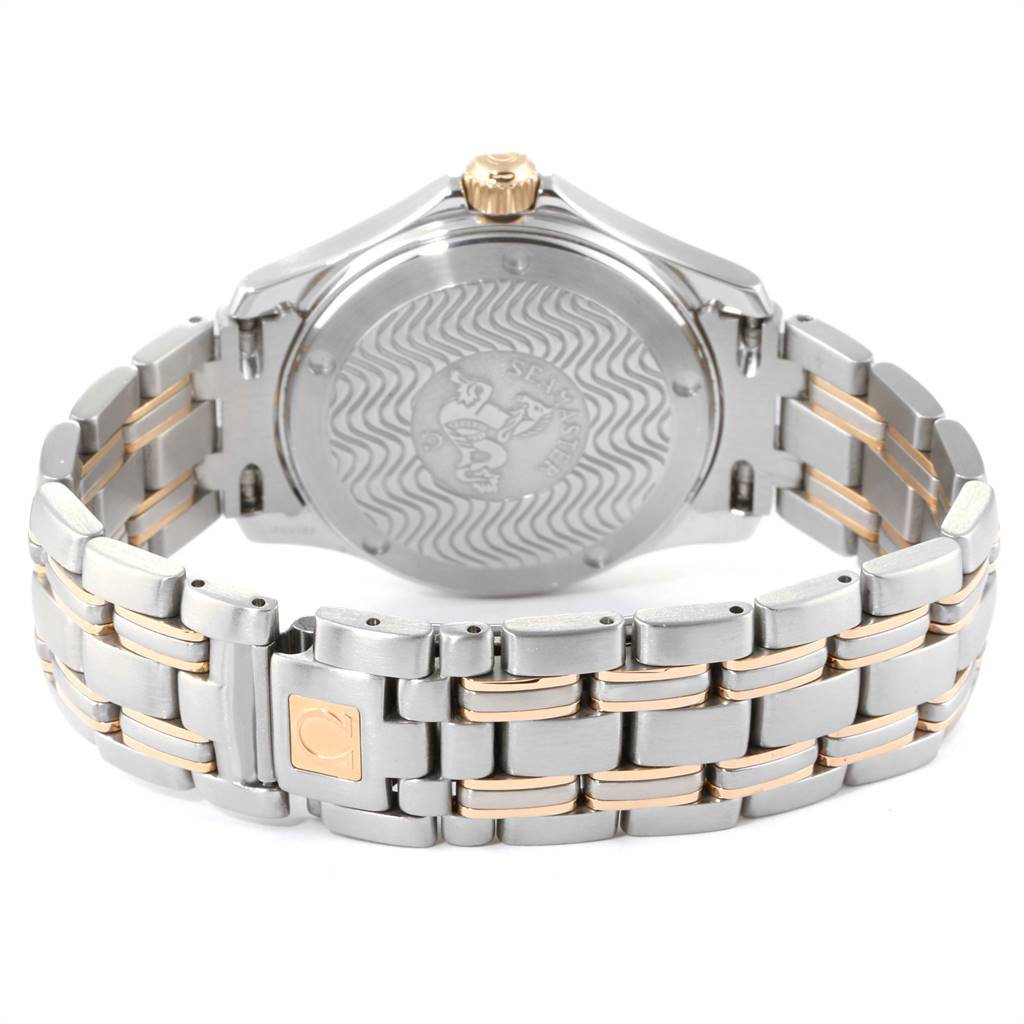 The image shows the backside and bracelet of an Omega Seamaster 168.1501 Men's Steel and Gold (two tone) White Dial 168.1501 Men's Steel and Gold (two tone) White Dial watch, including the case back with its engraved logo.