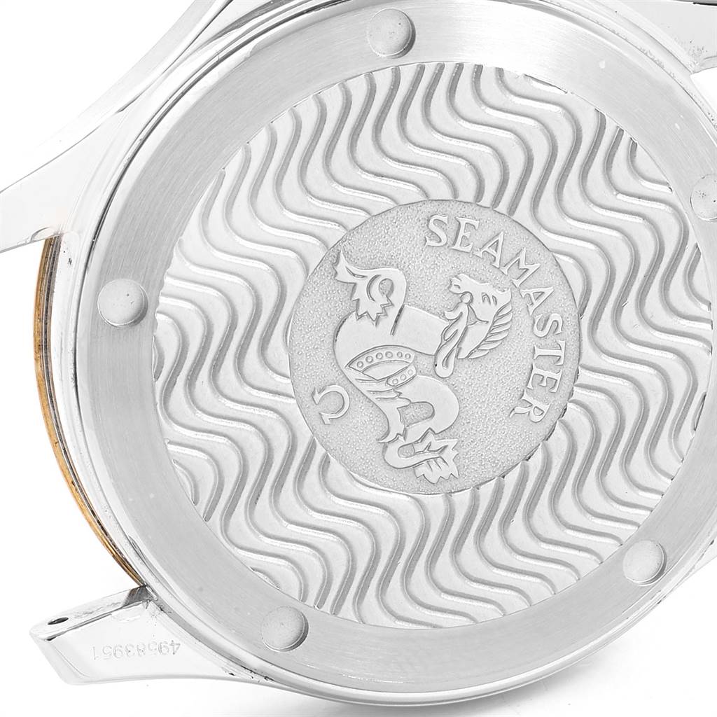 The image shows the case back of an Omega Seamaster 168.1501 Men's Steel and Gold (two tone) White Dial 168.1501 Men's Steel and Gold (two tone) White Dial watch, featuring the engraved Seamaster logo.