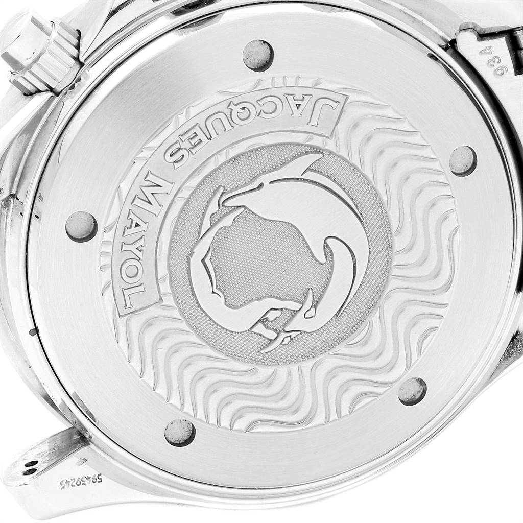 This image shows the case back of the Omega Seamaster 2595.30.00 Men's Stainless Steel Silver Dial 2595.30.00 Men's Stainless Steel Silver Dial watch, highlighting its engraved design and brand markings.