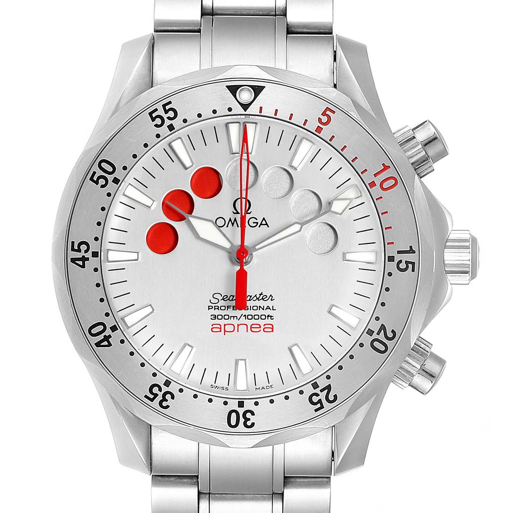The image shows a front view of an Omega Seamaster 2595.30.00 Men's Stainless Steel Silver Dial 2595.30.00 Men's Stainless Steel Silver Dial Apnea watch, highlighting the dial, bezel, and bracelet.