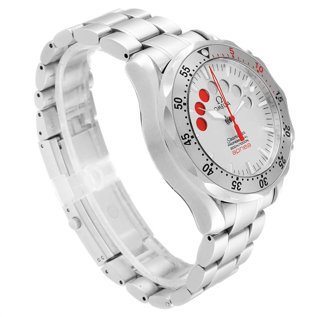 The image shows a side and partial front view of the Omega Seamaster 2595.30.00 Men's Stainless Steel Silver Dial 2595.30.00 Men's Stainless Steel Silver Dial watch, highlighting its bezel, dial, and bracelet.