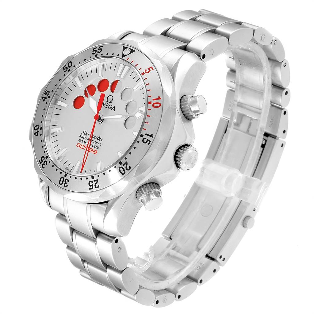 The image shows a side and partial front angle of an Omega Seamaster 2595.30.00 Men's Stainless Steel Silver Dial 2595.30.00 Men's Stainless Steel Silver Dial watch, highlighting its bezel, dial, bracelet, and crown.