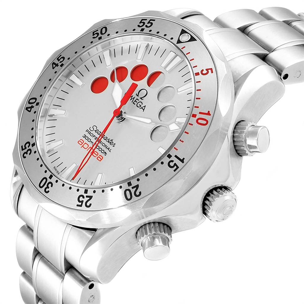 The image shows an Omega Seamaster 2595.30.00 Men's Stainless Steel Silver Dial 2595.30.00 Men's Stainless Steel Silver Dial watch at an angled close-up of the face, bezel, and crown, highlighting the bracelet and details.