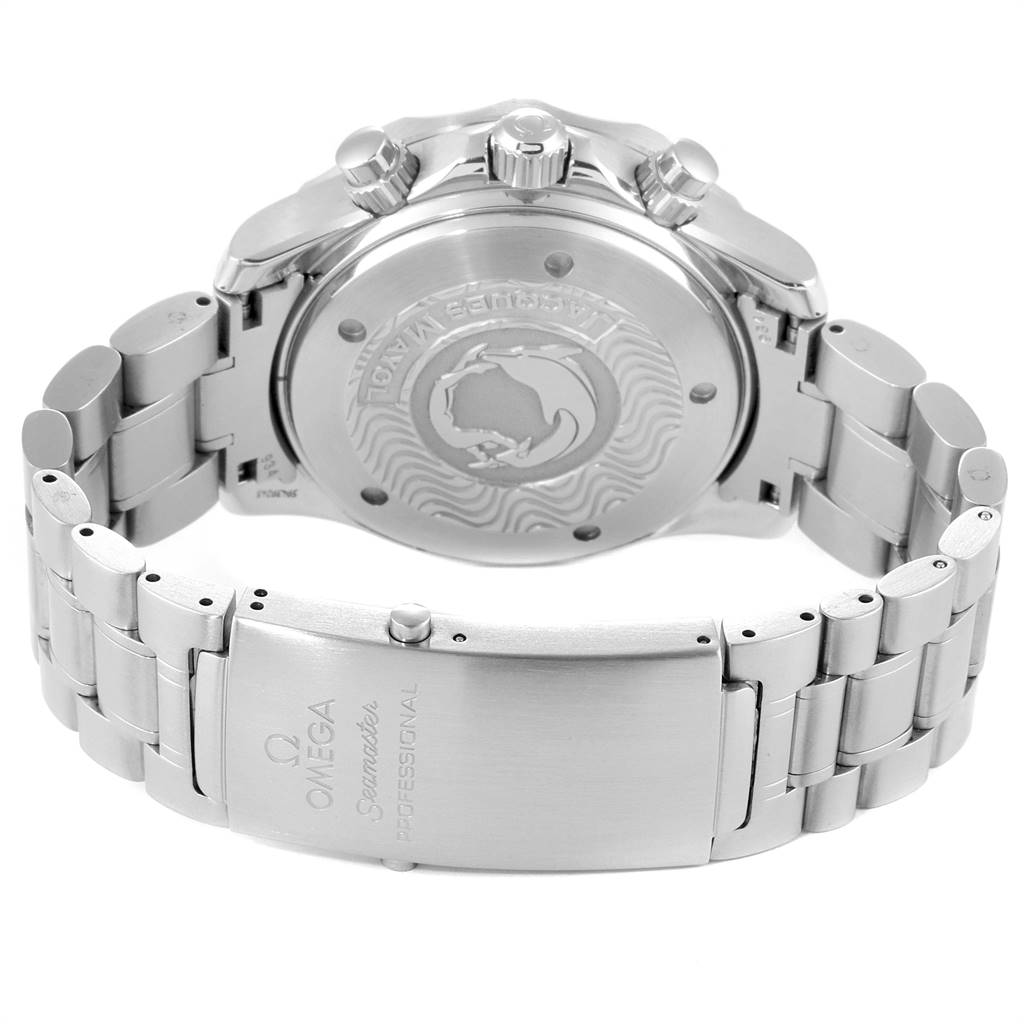 The image shows the back and clasp of the Omega Seamaster 2595.30.00 Men's Stainless Steel Silver Dial 2595.30.00 Men's Stainless Steel Silver Dial watch, highlighting its metal bracelet and engraved case back.