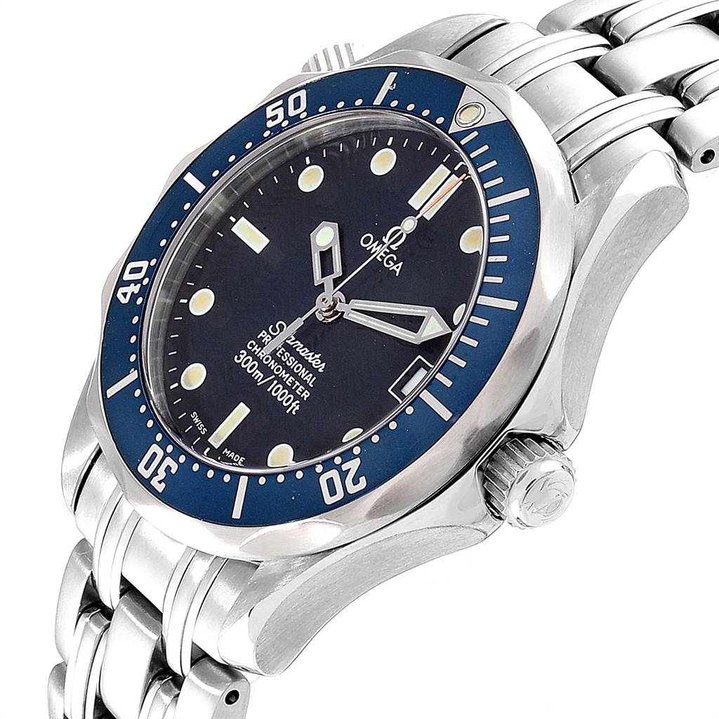 The Omega Seamaster 2551.80.00 Men
s Blue Dial 2551.80.00 Men
s Blue Dial watch is shown at a three-quarter angle, displaying the face, bezel, crown, and part of the bracelet.
